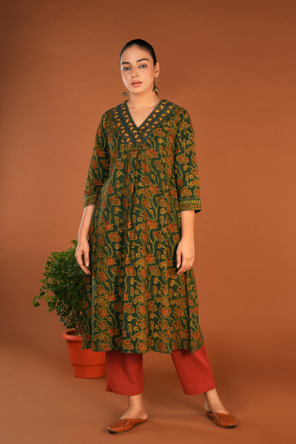 Image of Forest green Ajrak embroidered Kurti
